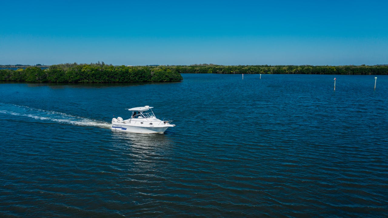 A motorboat cruising on a serene lake surrounded by lush greenery under a clear blue sky.